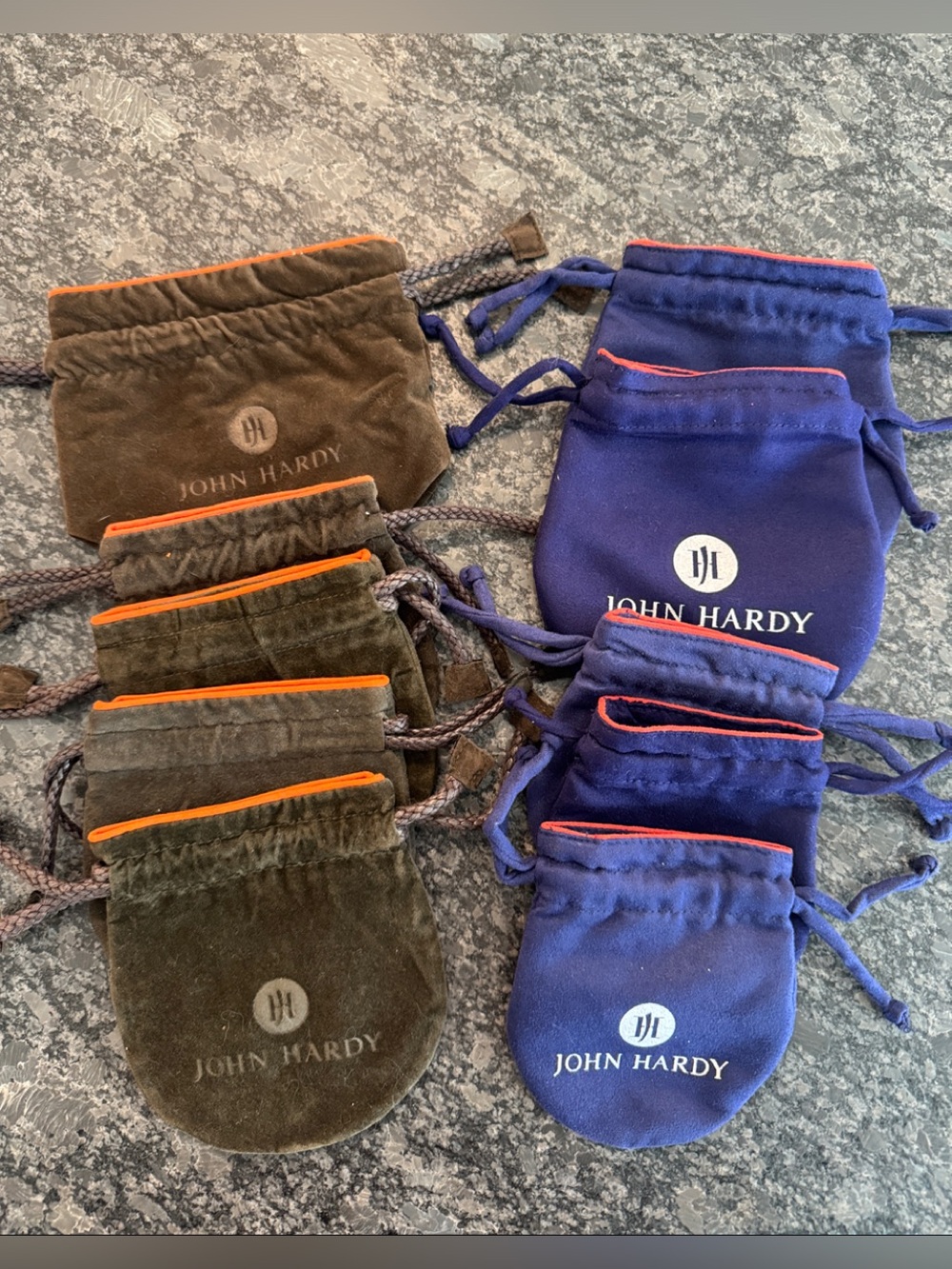 John Hardy TEN Drawstring Pouches in Blue and Brown with Orange Trim